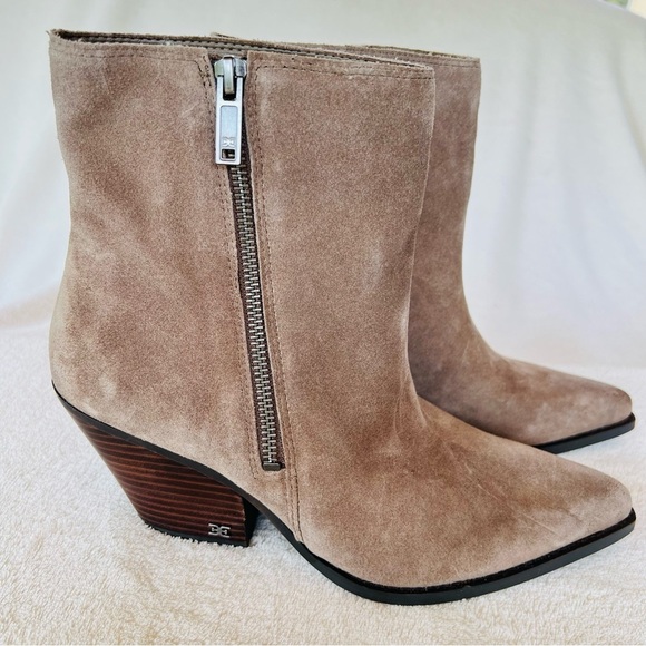 SAM EDELMAN JANE BLOCK HEEL TAN SUEDE LEATHER SNIP TOE ANKLE BOOTS SIZE 8.5 NWT - Picture 5 of 11